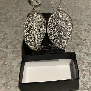 Textured Silver Tone Dangle Leaf Earrings